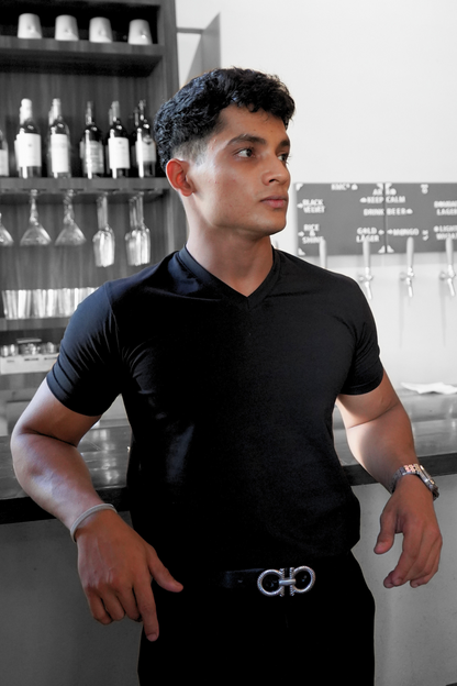 Real Black Tee - V-Neck with Half Sleeves